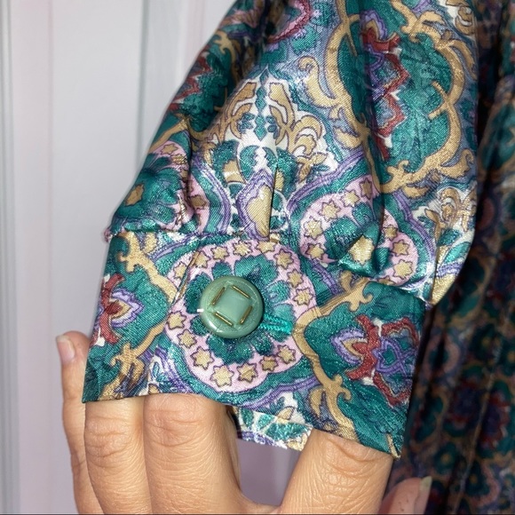 Vintage Florentine Petites Paisley Blue Green Button Up Long Sleeve Dress 14 - Picture 3 of 10